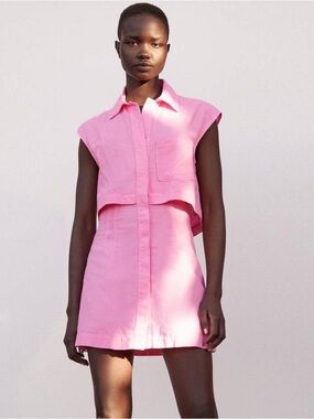 Linen Zara Pink Two Piece Dress Mini Short nwt